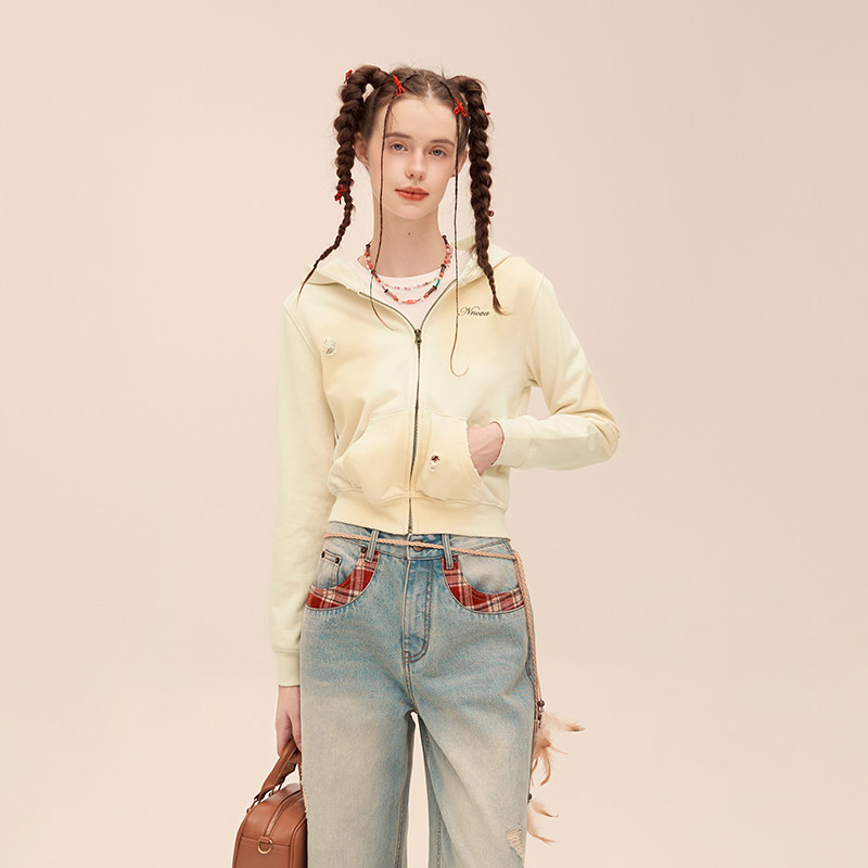 NNOVA美式复古喷色破洞做旧卫衣连帽开衫外套女秋季新款
