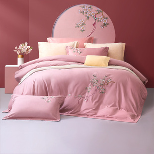 富安娜纯棉双面磨毛四件套A类国风刺绣床单被套床上用品婚庆套件