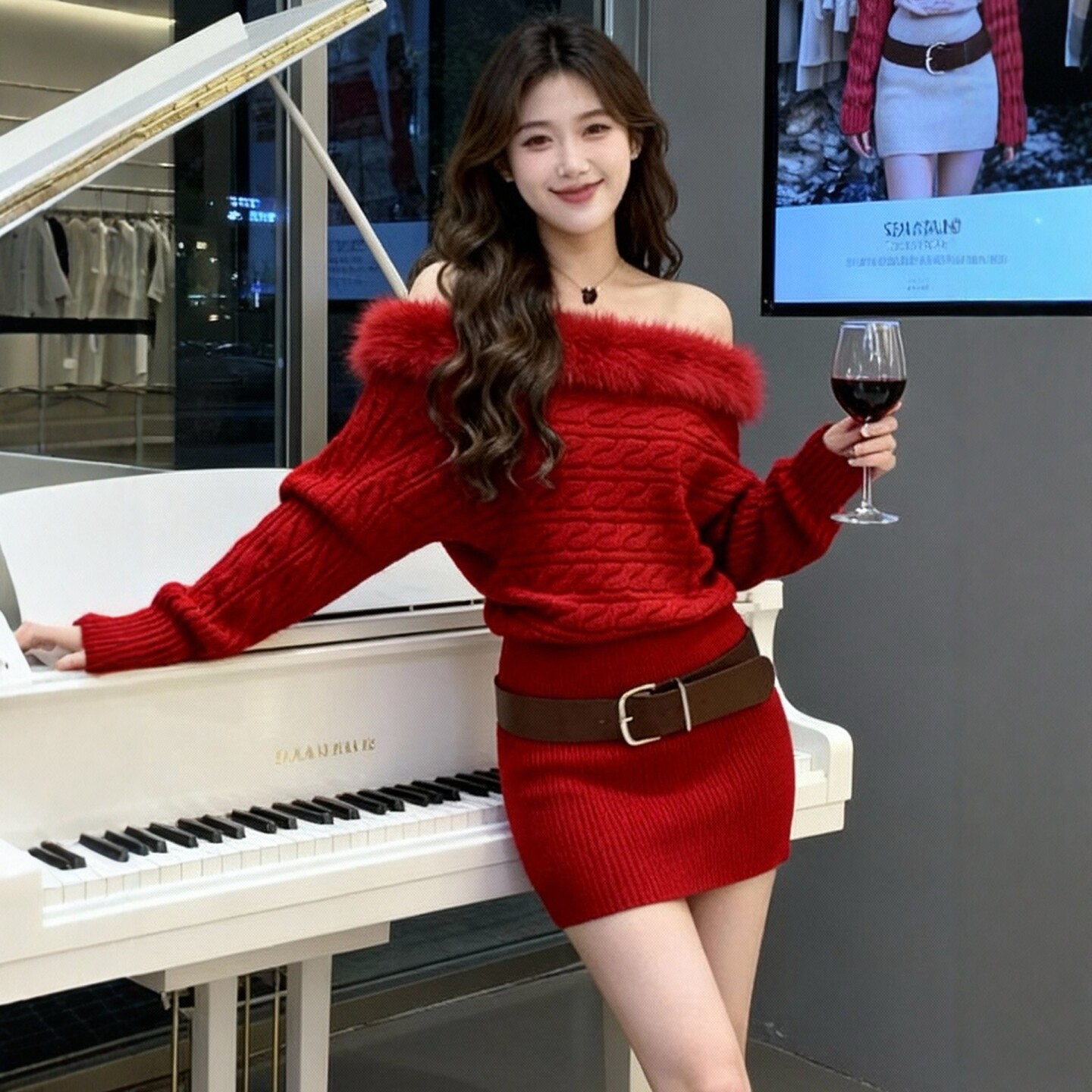 2025新款时尚纯欲风性感气质麻花露肩毛毛拼接收腰显瘦毛衣包臀裙