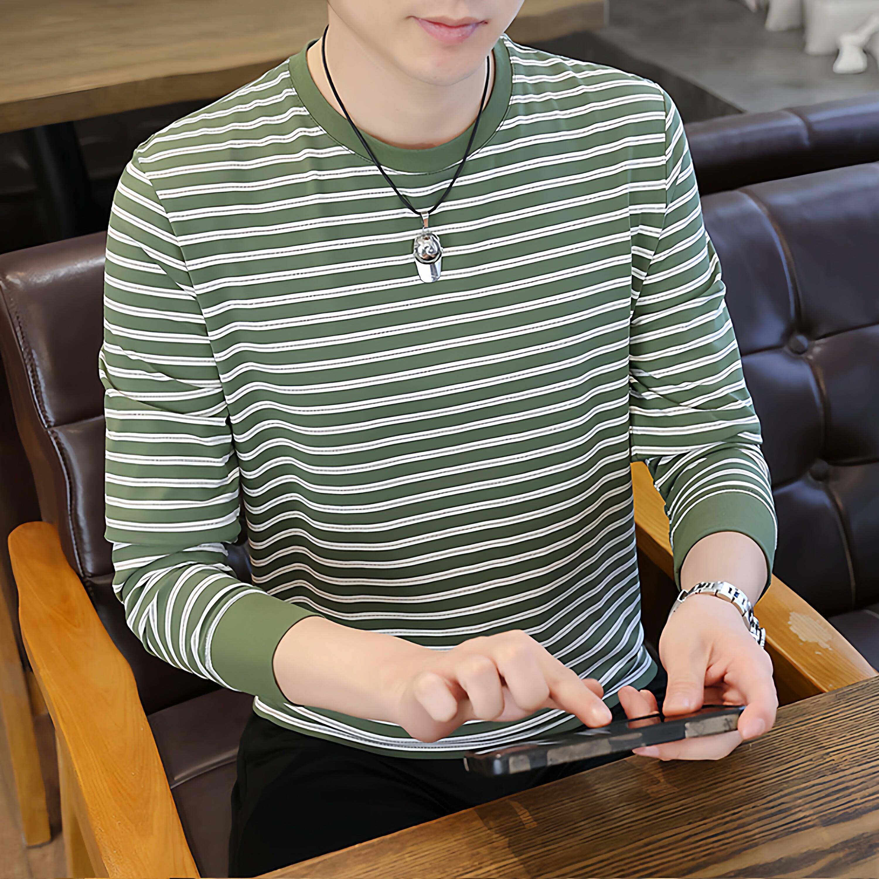 高端条纹长袖T恤男春秋韩版潮流男士卫衣圆领宽松休闲印花打底衫