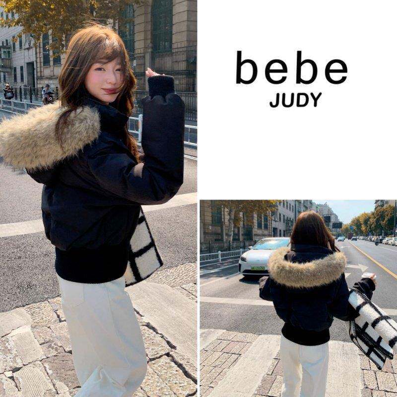 bebe judy~美式短款羽绒服女冬大毛领连帽收腰显瘦显高白鸭绒外套