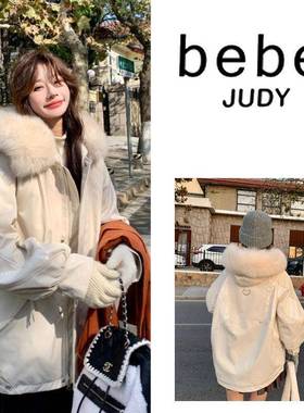 bebe judy~白色加绒派克服女冬季设计感时尚大毛领棉服加厚外套潮