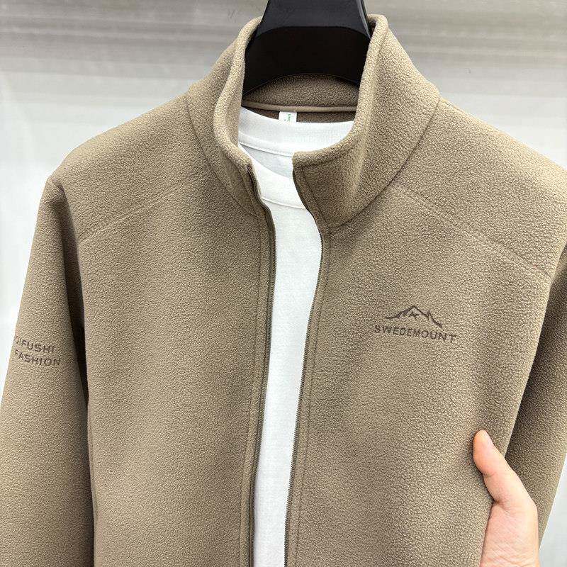高档摇粒绒开衫卫衣男简约百搭无帽立领外套秋冬宽松保暖运动夹克