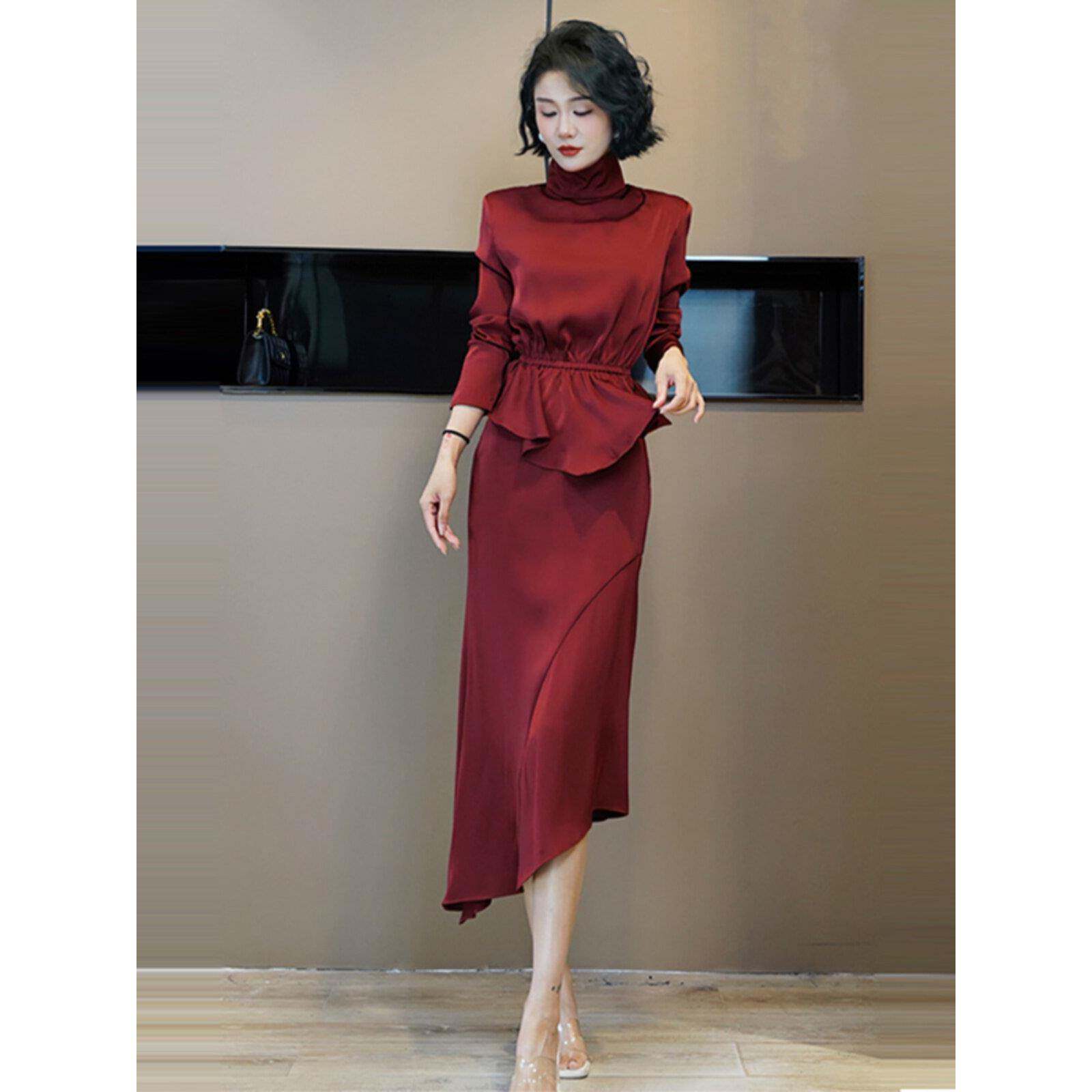 Ocnltiy酒红色缎面晚礼服套装女秋冬新款女装正式场合高贵两件套