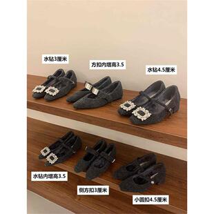 香港灰色水钻粗跟玛丽珍鞋女冬外穿新款方头呢子单鞋加绒保暖棉鞋