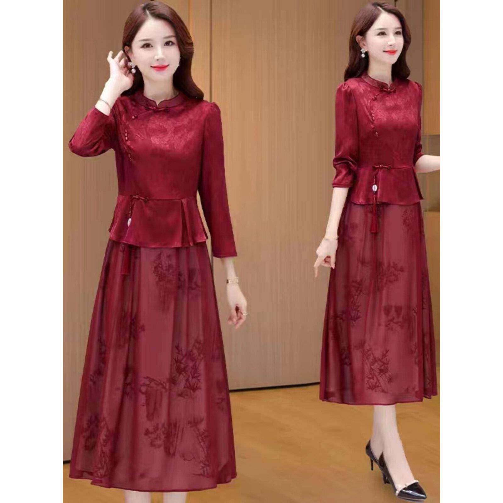 Ocnltiy喜婆婆婚宴装旗袍连衣裙女春秋妈妈结婚长袖礼服裙假两件