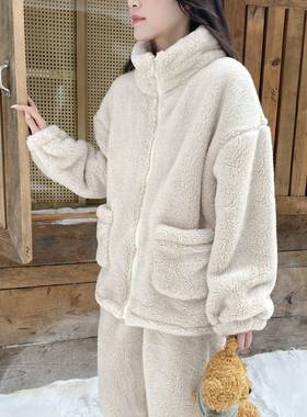 韩版巨厚实立领拉炼泡芙绒睡衣女冬季休闲运动外穿加绒加厚家居服