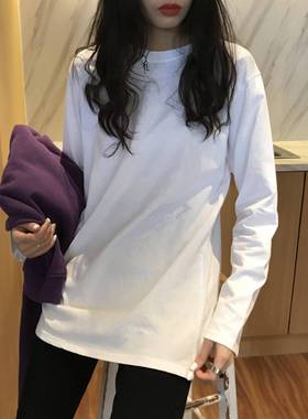 韩系2025秋季新款叠穿神器白色长袖t恤女纯棉宽松中长打底衫上衣