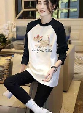 韩国2025秋季拼色纯棉长袖t恤女中长款宽松休闲时尚百搭显瘦上衣