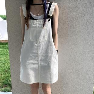 白色牛仔背带裙女2024夏季新款韩版宽松休闲显瘦直筒吊带裙ins潮
