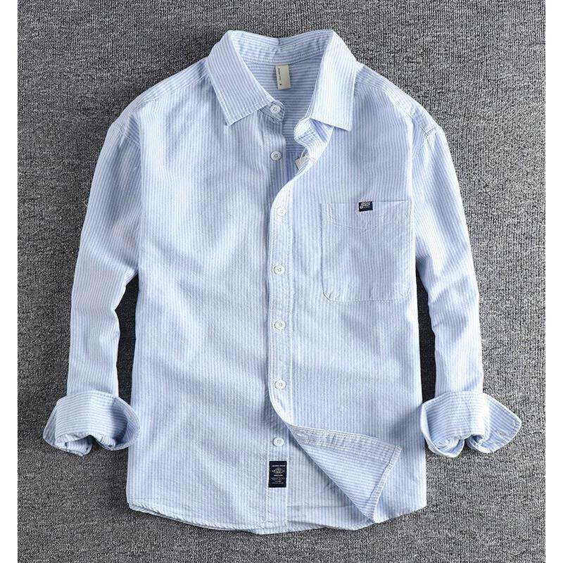 香港时尚男士春秋季简单翻盖口袋裤休闲百搭修身衬衫覆古男士条纹