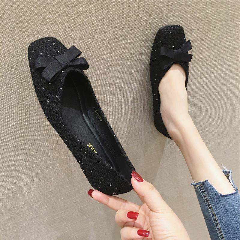 香港新款黑色百搭方头平跟平底单鞋女2022夏季网红舒适软底豆豆鞋,女鞋,浅口单鞋,淘宝优惠券,粉丝福利购,淘宝优惠卷