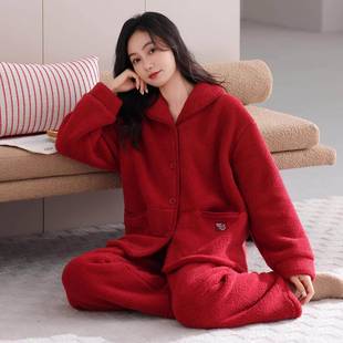 高档轻奢大红色珊瑚绒女款睡衣秋冬天加厚保暖本命年加绒家居服