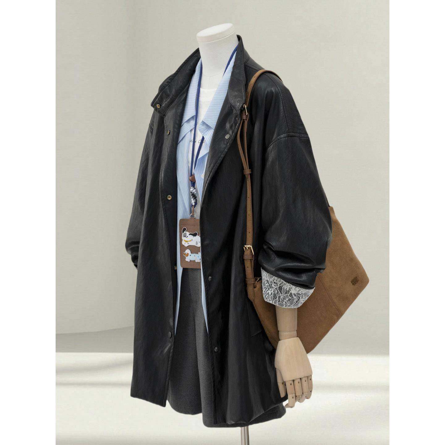 黑色皮衣外套女士2025春秋新款复古拼接蕾丝袖设计中长款宽松上衣