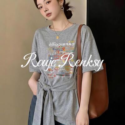 法国Rouje Renksy法式通勤风短袖T恤女夏季宽松绑带圆领显瘦上衣