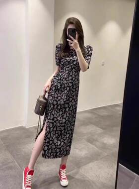 2025夏季新款法式高腰圆领短袖裙 女士日常A型碎花连衣裙