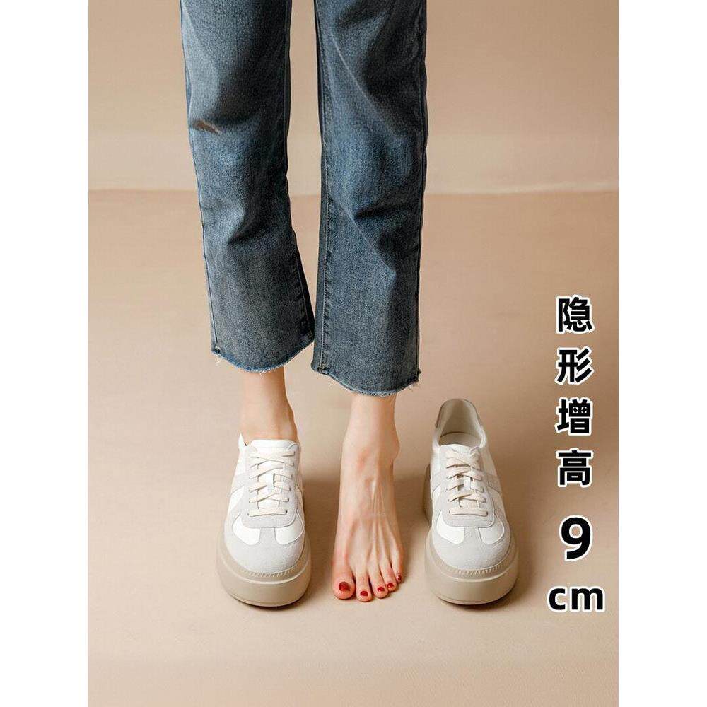 港风轻奢新款~真皮厚底德训鞋女2025春秋内增高百搭松糕休闲板鞋
