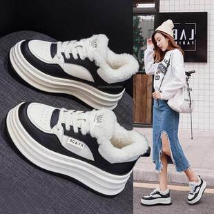 港风真皮厚底小白鞋女 2025冬季加绒增高休闲鞋 羊毛内里保暖女鞋