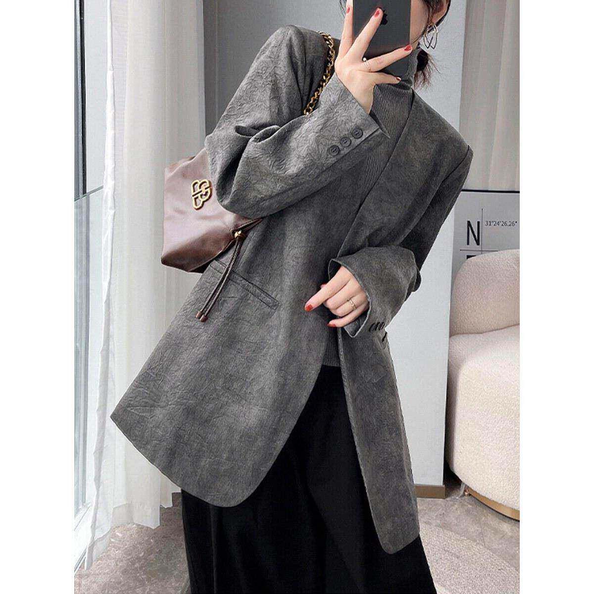 香港大尺码灰色西装外套女士春秋中长版宽松显瘦高级感复古西服上