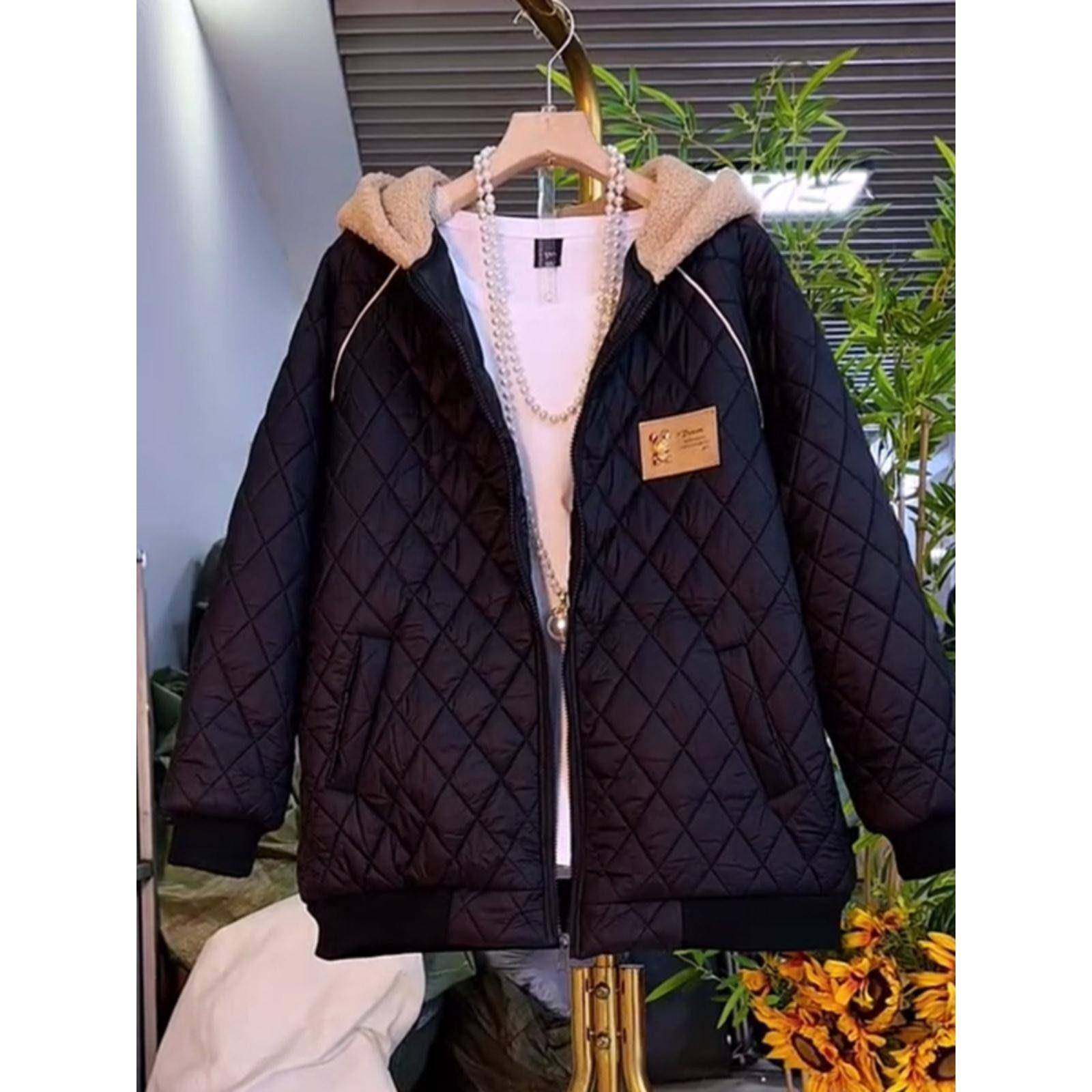 香港胖妹妹羊羔毛连帽加棉外套菱形格加肥大码女装冬季款休闲上衣,女装/女士精品,短外套,淘宝优惠券,粉丝福利购,淘宝优惠卷