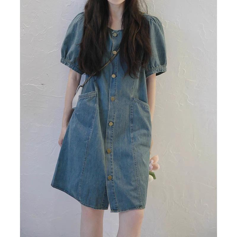 欧洲站夏季女装2025新款法式短裙气质修身小个子泡泡袖牛仔连衣裙