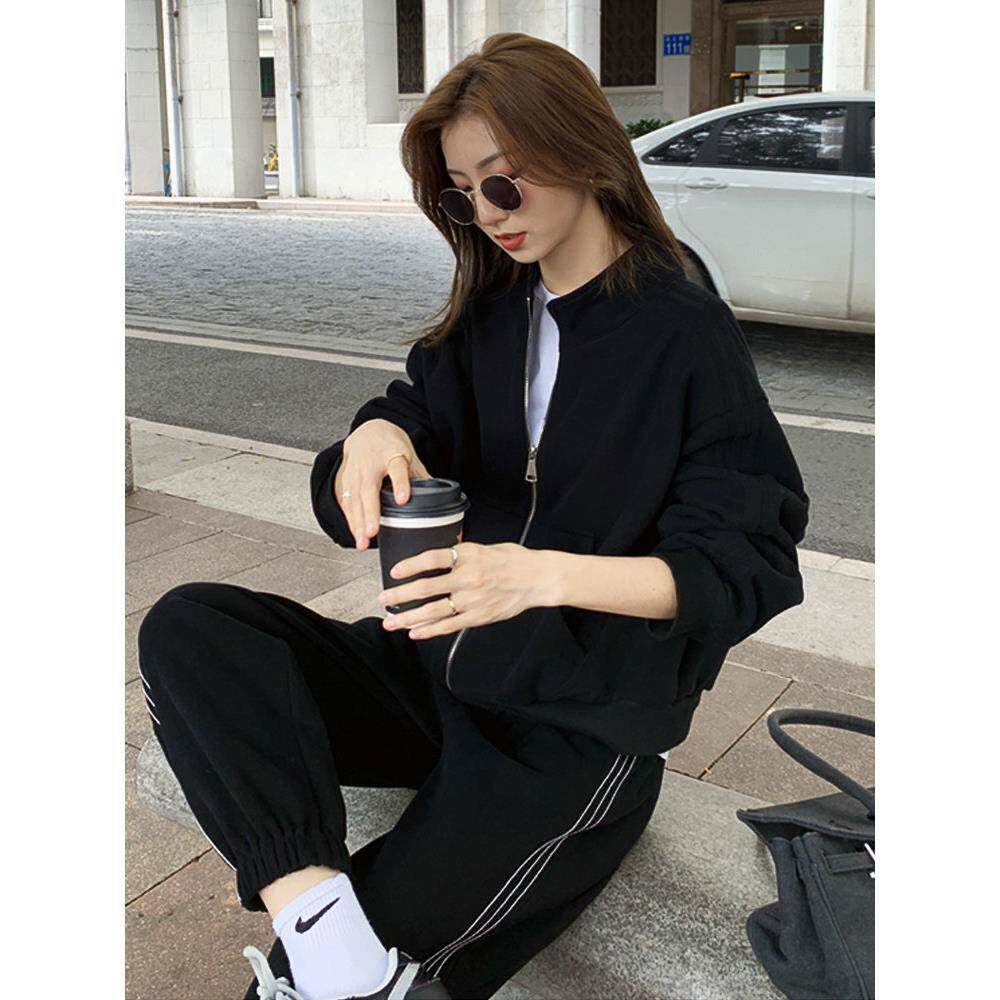 香港潮牌休闲卫衣运动套装女春秋冬款加绒宽松显瘦跑步服外套卫裤