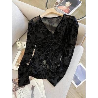 Ocnltiy法式泡泡袖网纱T恤秋冬新款百搭修身打底衫女长袖V领上衣