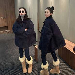 香港欧洲站2025冬季欧货羊羔毛领男女款牛仔棉服加厚外套时尚百搭