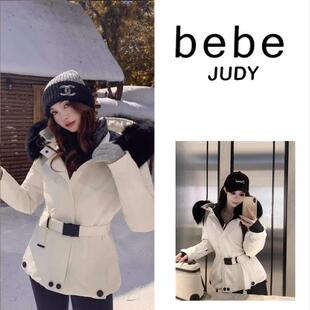 bebe judy~白色连帽狐狸毛羽绒服女冬新款时尚修身收腰短款派克服