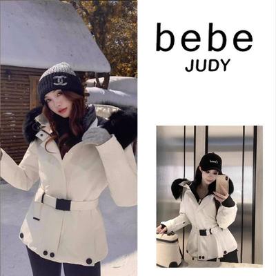 bebe judy~白色连帽狐狸毛羽绒服女冬新款时尚修身收腰短款派克服