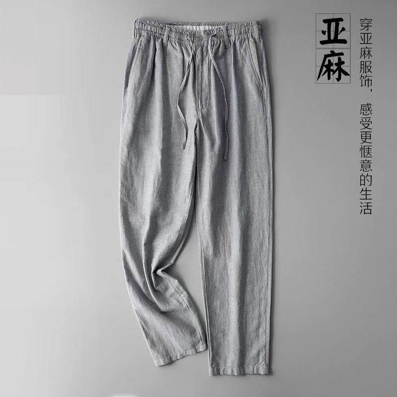 香港春夏新款休闲亚麻男裤松紧腰棉麻料长裤透气薄款直筒沙滩裤薄