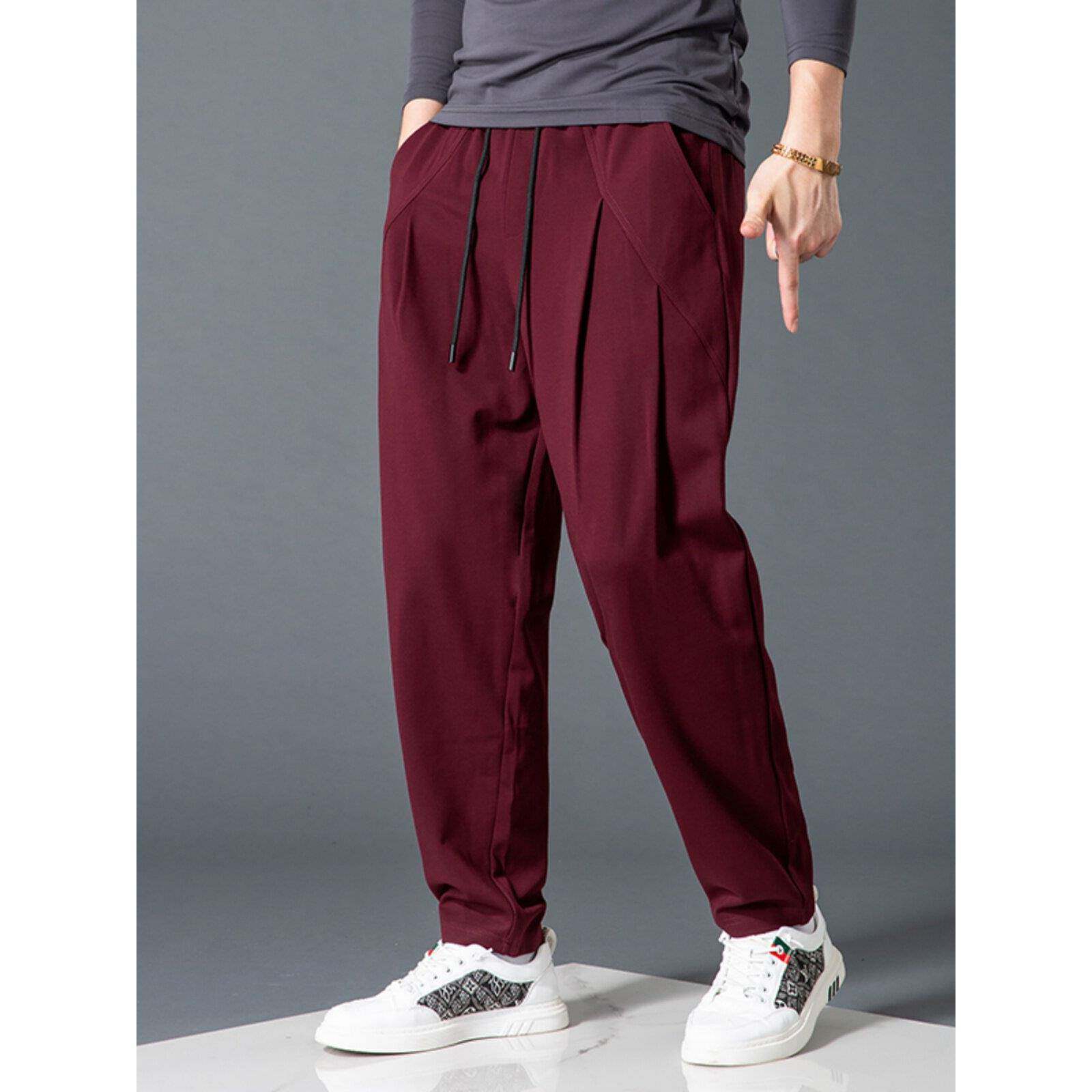 香港男士休闲裤运动宽松韩版潮流弹力长裤酒红色小脚萝卜裤哈伦裤