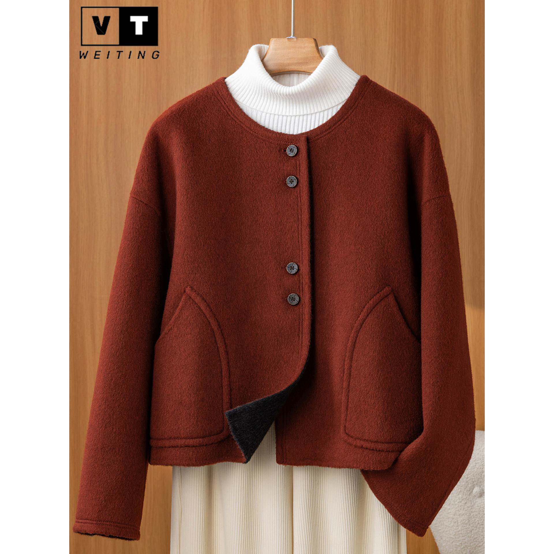 WEI TING骆驼绒廓形短款双面羊绒大衣女秋冬时尚小香风羊毛呢外套