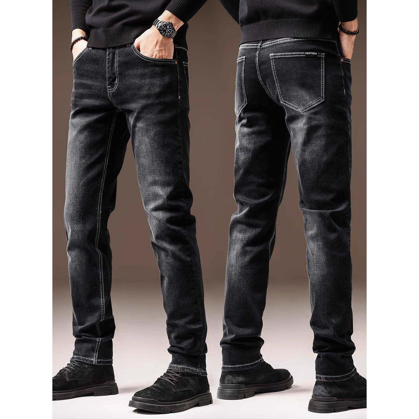 高端2025秋季覆古水洗男士牛仔裤潮牌修身小脚黑色弹力休闲裤子男