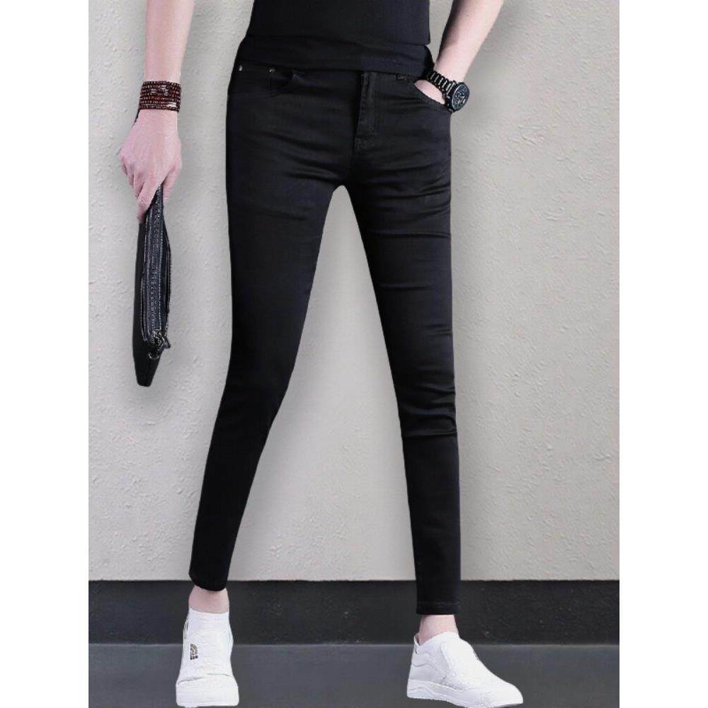 纯黑色牛仔裤男款欧货高端秋季新款修身小脚弹力九分休闲裤子