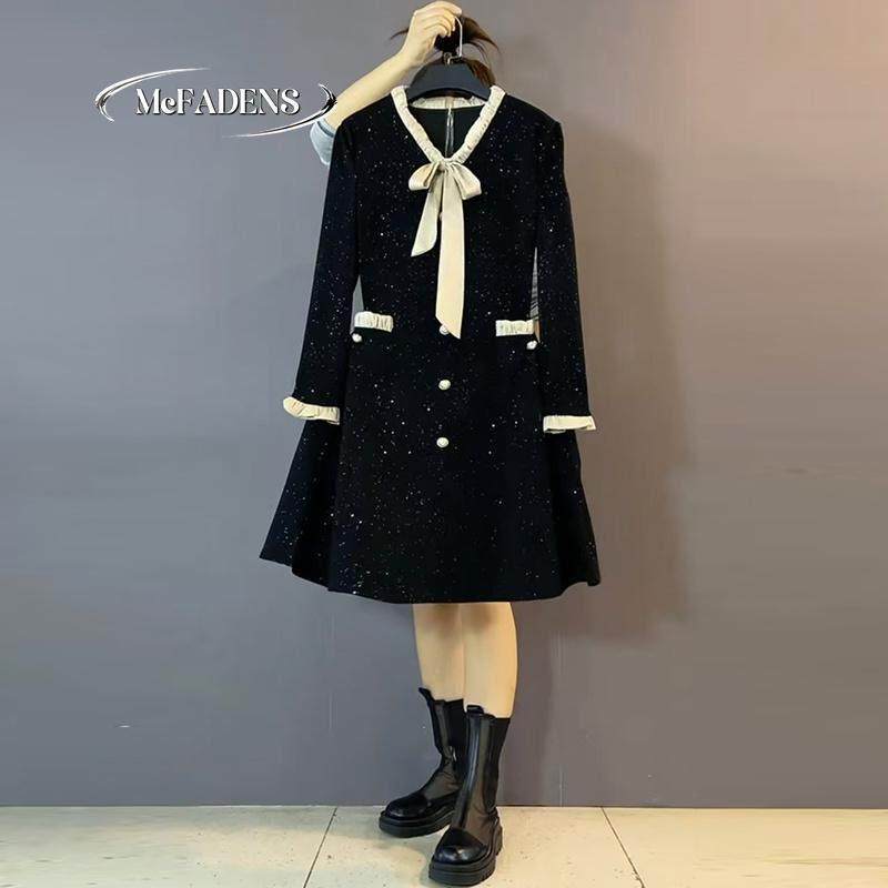 香港欧货冬款法式小香风小黑裙洋气百搭胖MM显瘦高级感中长连衣裙