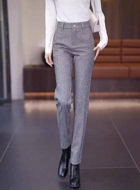 灰色毛呢裤子女哈伦春秋2025新款加绒加厚高腰九分休闲直筒烟管裤