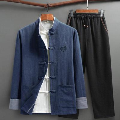 覆古中式唐装男春秋中国风套装棉麻中老年爸爸外套三件套盘扣汉服