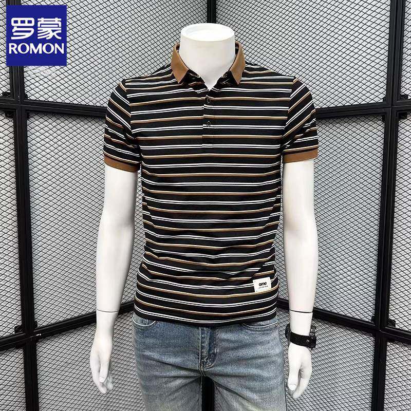 罗蒙轻奢高档夏季轻薄条纹商务翻领短袖T恤新款休闲潮牌POLO衫男