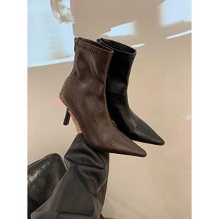 真皮法式气质咖色尖头细跟高跟小踝靴洋气韩系小短靴女秋冬单靴潮