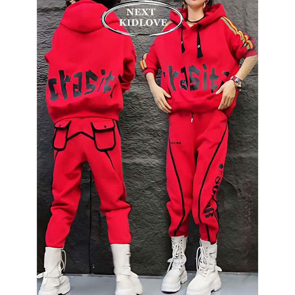 香港大码连帽卫衣卫裤红色套装女胖mm显瘦运动服两件套秋冬加绒潮