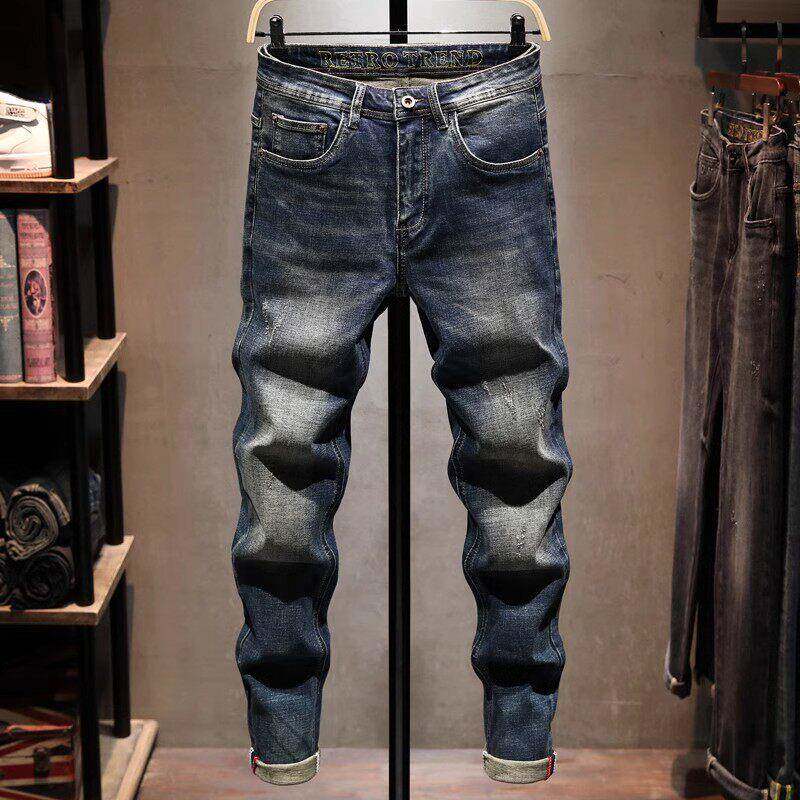 香港潮牌高端复古牛仔裤男欧美秋冬刮烂修身小脚百搭弹力休闲长裤