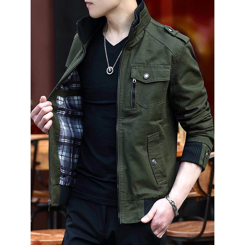 休闲大码男士夹克军绿色春秋款纯棉外套多口袋工装服冬季加绒加厚