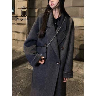 正品2025秋冬新款黑灰色双面羊绒大衣女中长款高级感羊毛呢子外套