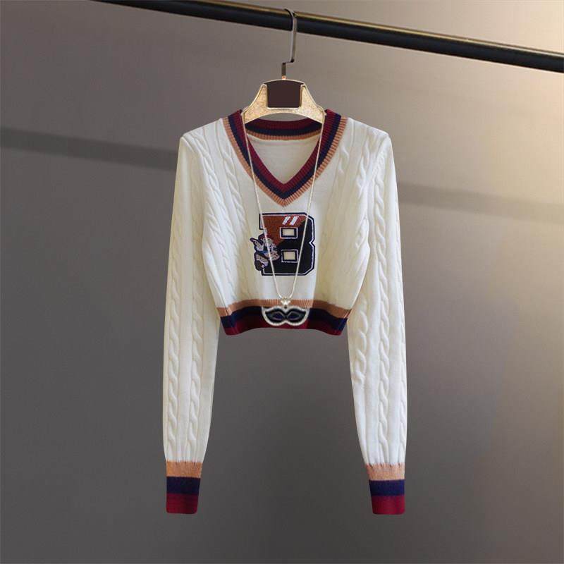 潮牌2025春秋冬季长袖拼色针织衫女显瘦短款高腰露脐上衣V领毛衣