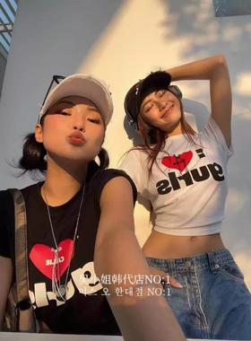 吴小姐seoul韩国代购甜辣少女爱心蝴蝶结字母印花短款短袖T恤