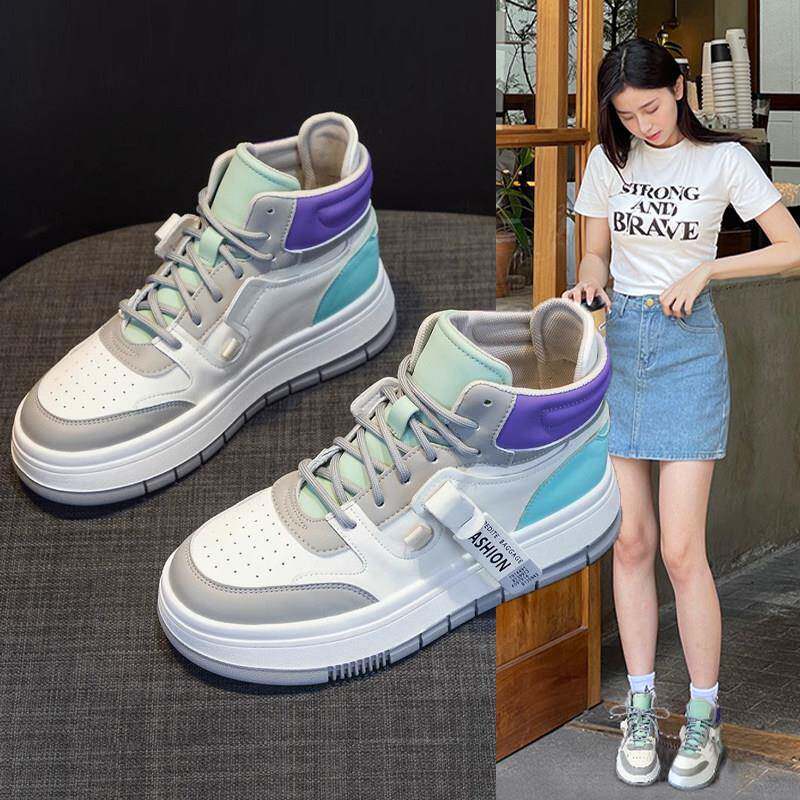 港风高帮鞋子女新款2025年爆款春秋时尚厚底百搭运动休闲真皮板鞋