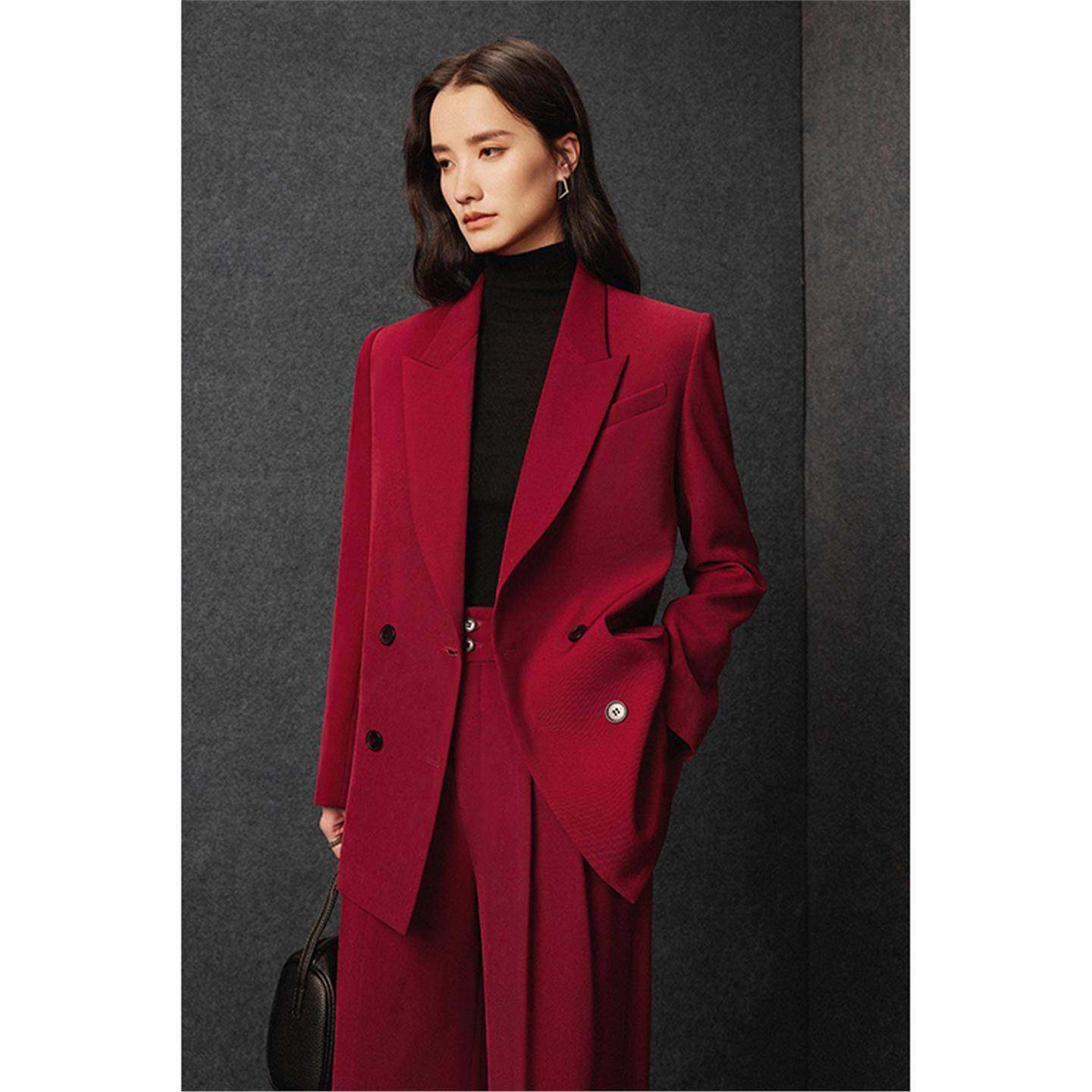 Ocnltiy红色西装套装女高级感秋冬新款气质女神范阔腿裤职业休闲