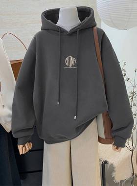 韩国中长款连帽卫衣女2025秋冬洋气减龄宽松大码灰色上衣加绒加厚