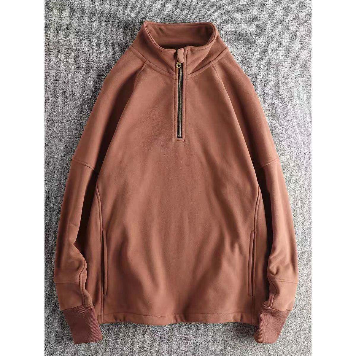 代购香港潮男秋冬美式覆古重磅加绒加厚男士半开立领卫衣套头外套